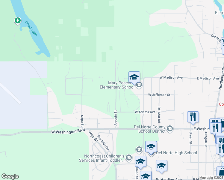 map of restaurants, bars, coffee shops, grocery stores, and more near 1720 Joaquin Street in Crescent City