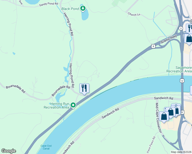 map of restaurants, bars, coffee shops, grocery stores, and more near 7 Bittersweet Lane in Bourne