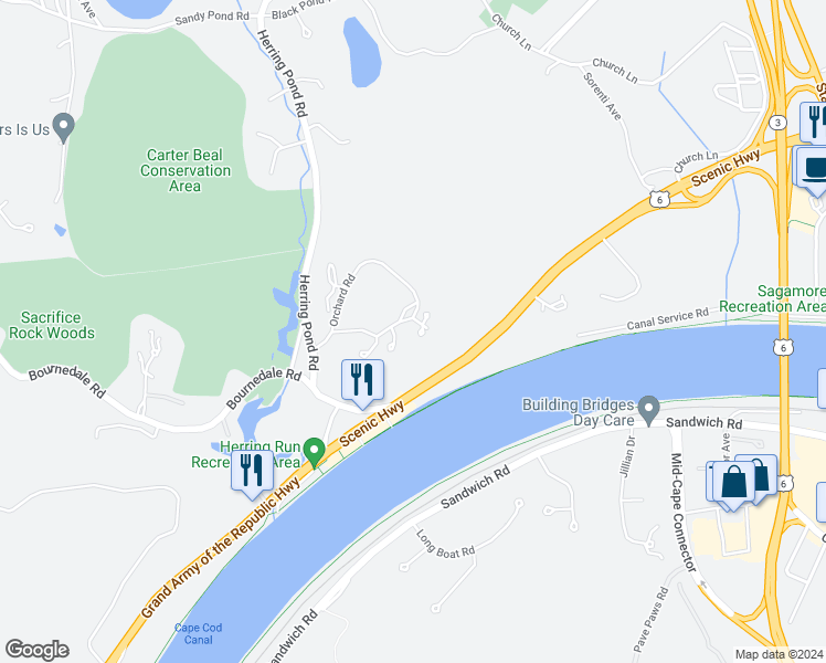 map of restaurants, bars, coffee shops, grocery stores, and more near E 2 Beach Plum Lane in Bourne