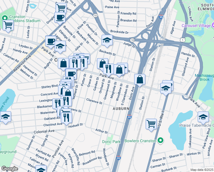 map of restaurants, bars, coffee shops, grocery stores, and more near 130 Auburn Street in Cranston