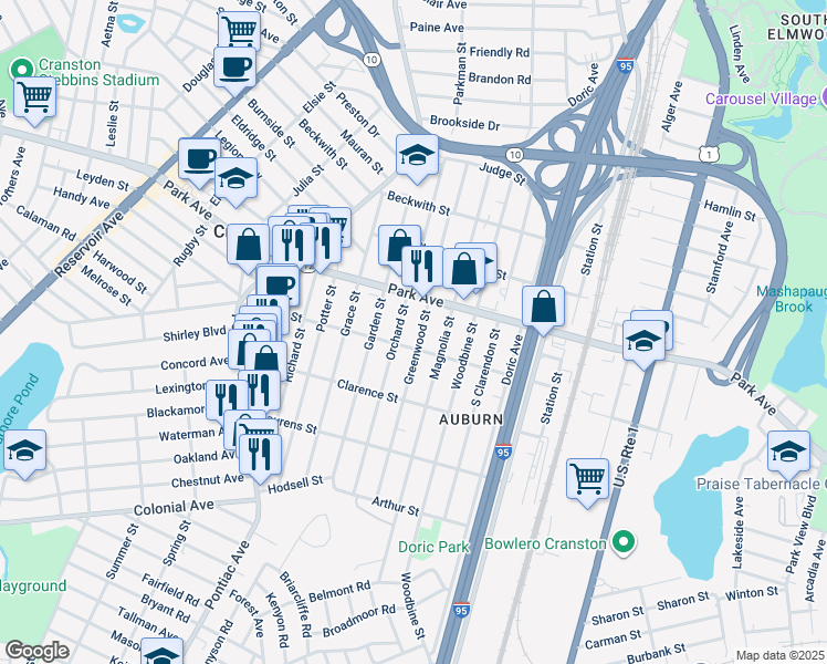 map of restaurants, bars, coffee shops, grocery stores, and more near 130 Auburn Street in Cranston