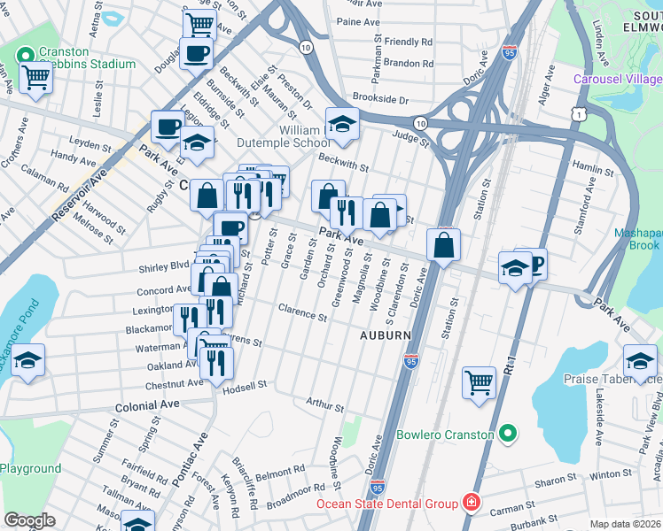 map of restaurants, bars, coffee shops, grocery stores, and more near 130 Auburn Street in Cranston