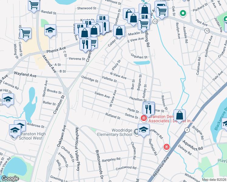 map of restaurants, bars, coffee shops, grocery stores, and more near 114 Hazelton Street in Cranston