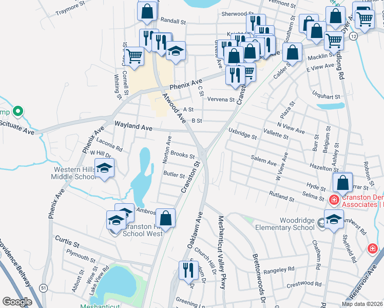 map of restaurants, bars, coffee shops, grocery stores, and more near 1928 Cranston Street in Cranston