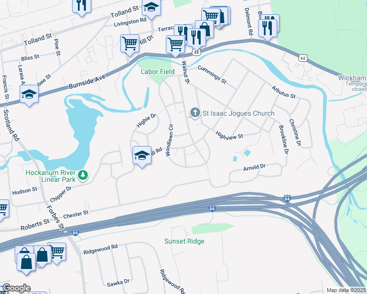 map of restaurants, bars, coffee shops, grocery stores, and more near 59 Great Hill Road in East Hartford