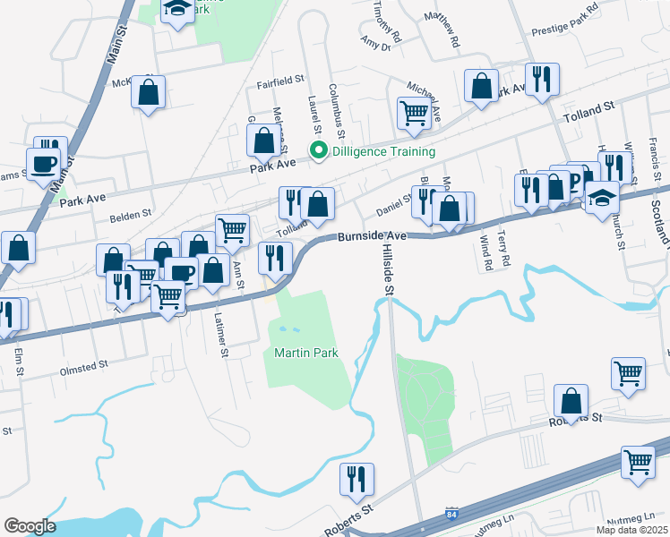 map of restaurants, bars, coffee shops, grocery stores, and more near 393 Burnside Avenue in East Hartford