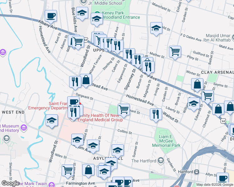 map of restaurants, bars, coffee shops, grocery stores, and more near 149 Homestead Avenue in Hartford