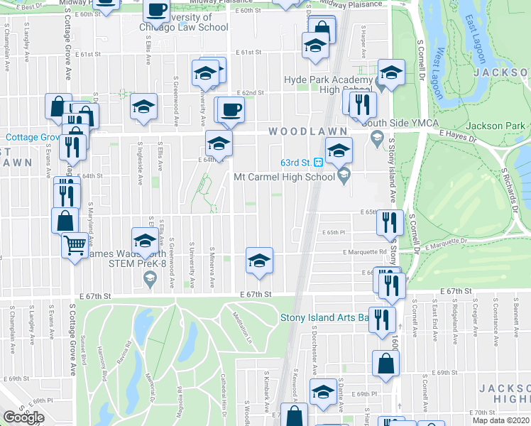 map of restaurants, bars, coffee shops, grocery stores, and more near 6507 South Kimbark Avenue in Chicago