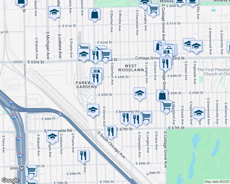 map of restaurants, bars, coffee shops, grocery stores, and more near 6500 South Eberhart Avenue in Chicago
