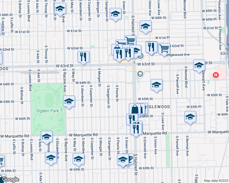 map of restaurants, bars, coffee shops, grocery stores, and more near 6447 South Sangamon Street in Chicago