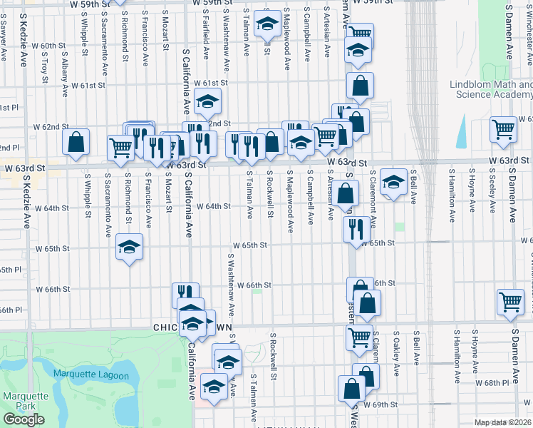 map of restaurants, bars, coffee shops, grocery stores, and more near 6424 South Rockwell Street in Chicago