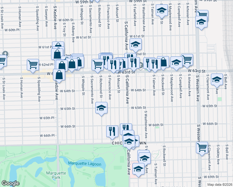 map of restaurants, bars, coffee shops, grocery stores, and more near 6425 South Mozart Street in Chicago