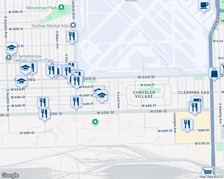 map of restaurants, bars, coffee shops, grocery stores, and more near 6356 South Lorel Avenue in Chicago