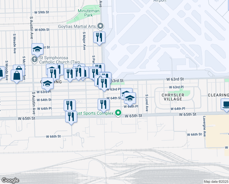 map of restaurants, bars, coffee shops, grocery stores, and more near 5530 West 64th Street in Chicago