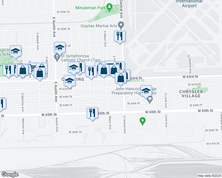 map of restaurants, bars, coffee shops, grocery stores, and more near 5644 West 64th Street in Chicago