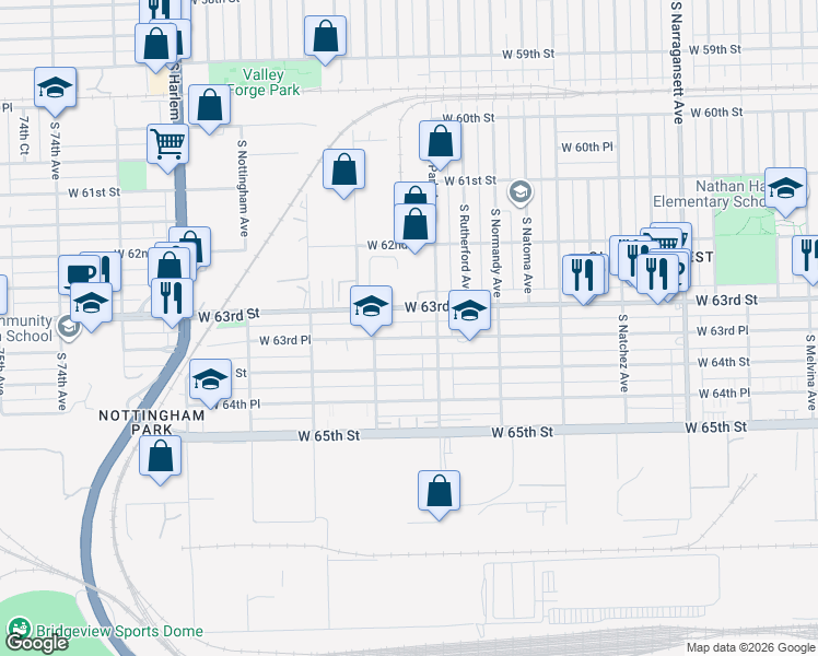 map of restaurants, bars, coffee shops, grocery stores, and more near 6825 West 63rd Place in Chicago