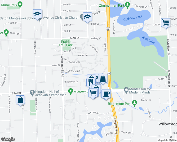 map of restaurants, bars, coffee shops, grocery stores, and more near 6156 Knoll Way Drive in Willowbrook