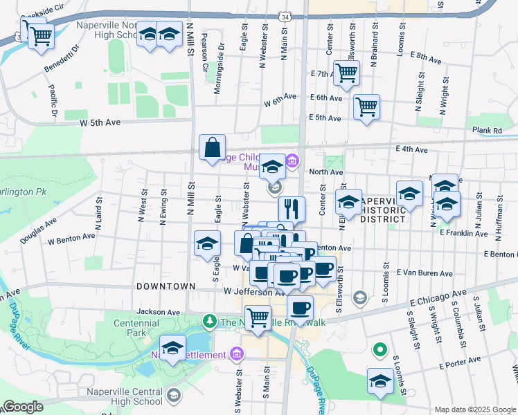map of restaurants, bars, coffee shops, grocery stores, and more near 129 West Franklin Avenue in Naperville