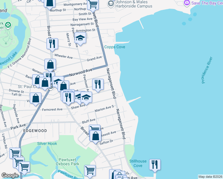 map of restaurants, bars, coffee shops, grocery stores, and more near 1291 Narragansett Boulevard in Cranston