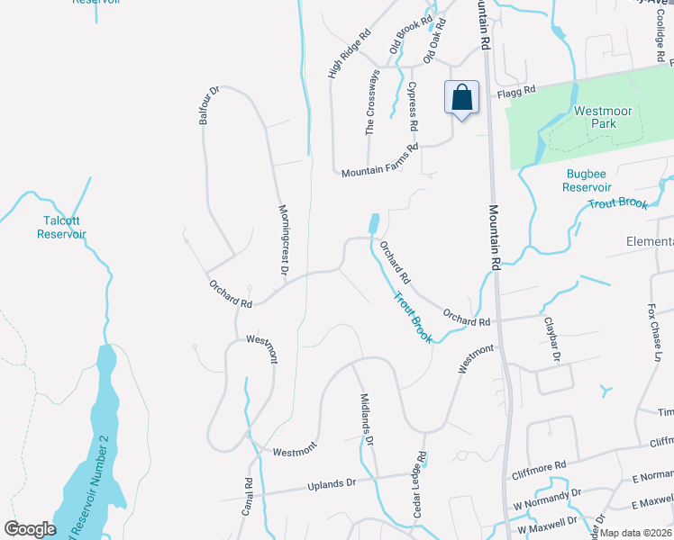 map of restaurants, bars, coffee shops, grocery stores, and more near Orchard Road in West Hartford