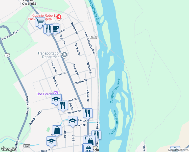 map of restaurants, bars, coffee shops, grocery stores, and more near 31 Walnut Street in Towanda
