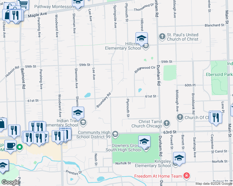 map of restaurants, bars, coffee shops, grocery stores, and more near 1633 61st Street in Downers Grove