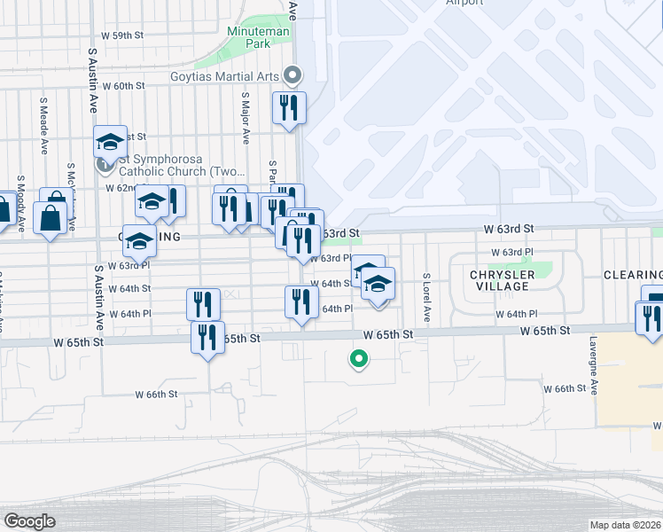 map of restaurants, bars, coffee shops, grocery stores, and more near 5530 West 64th Street in Chicago