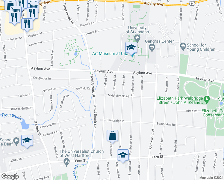 map of restaurants, bars, coffee shops, grocery stores, and more near 213 Griswold Drive in West Hartford
