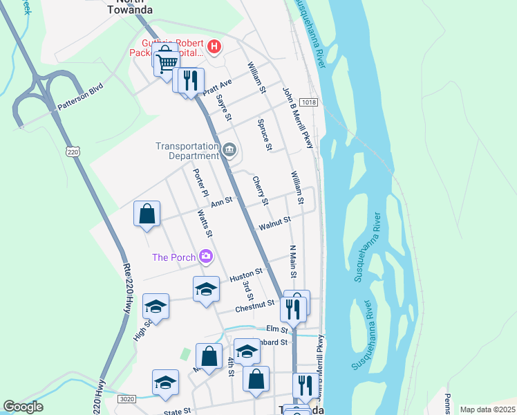 map of restaurants, bars, coffee shops, grocery stores, and more near 26 Locust Avenue in Towanda