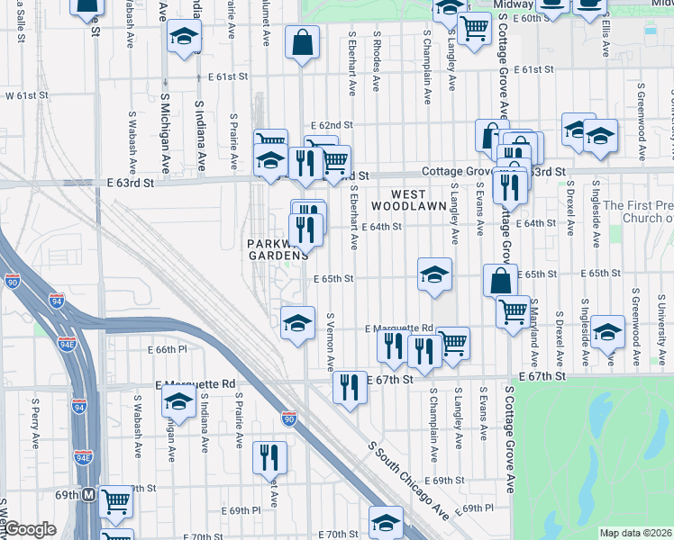 map of restaurants, bars, coffee shops, grocery stores, and more near 6500 South Eberhart Avenue in Chicago