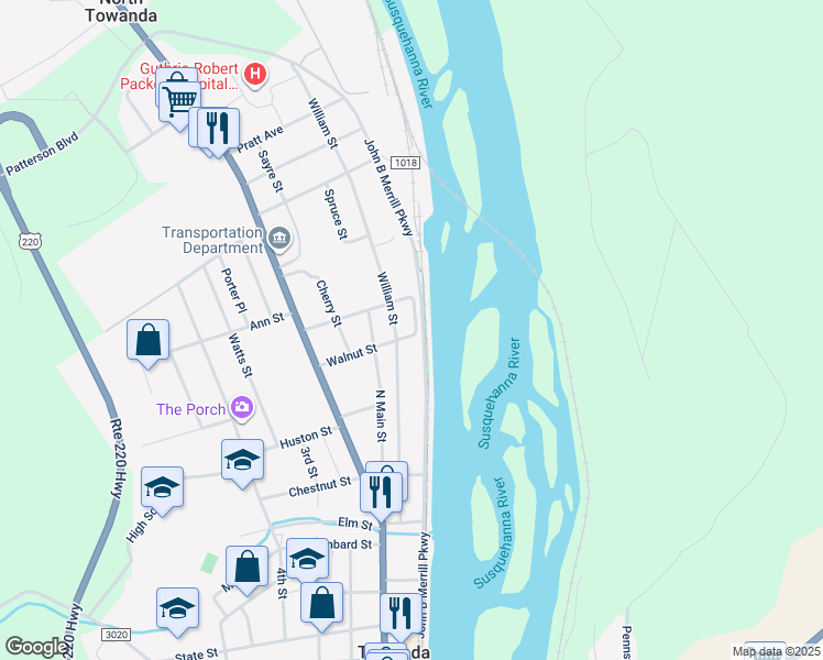 map of restaurants, bars, coffee shops, grocery stores, and more near 31 Walnut Street in Towanda