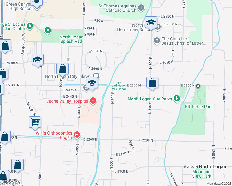 map of restaurants, bars, coffee shops, grocery stores, and more near 2469 North 620 East in North Logan