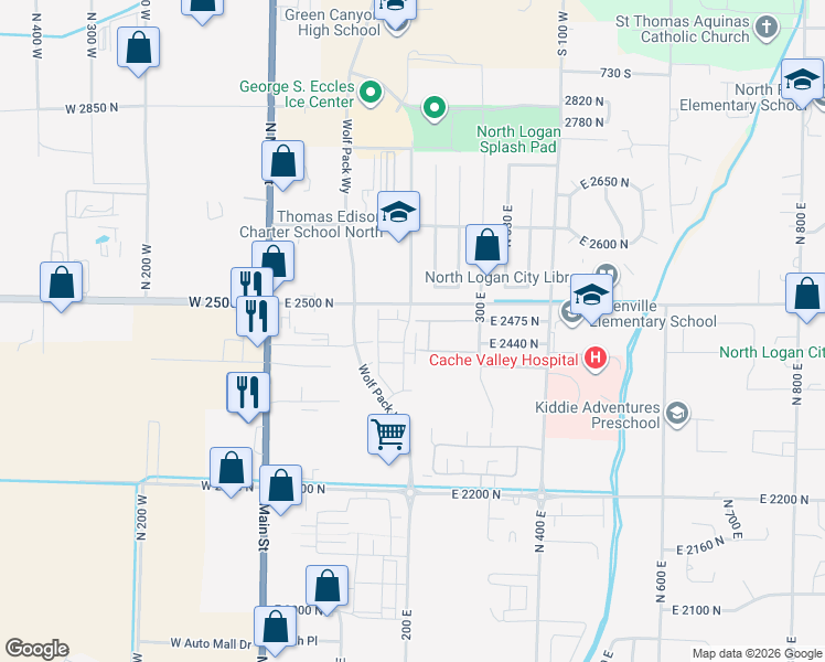 map of restaurants, bars, coffee shops, grocery stores, and more near 2460 North 200 East in North Logan