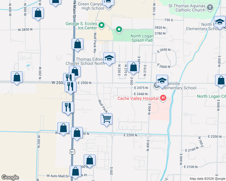map of restaurants, bars, coffee shops, grocery stores, and more near 2460 North 200 East in North Logan