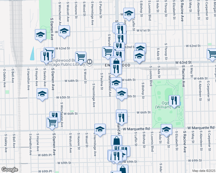 map of restaurants, bars, coffee shops, grocery stores, and more near 6420 South Marshfield Avenue in Chicago