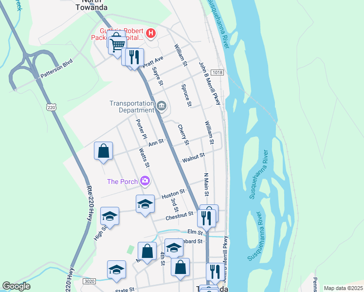 map of restaurants, bars, coffee shops, grocery stores, and more near 26 Locust Avenue in Towanda