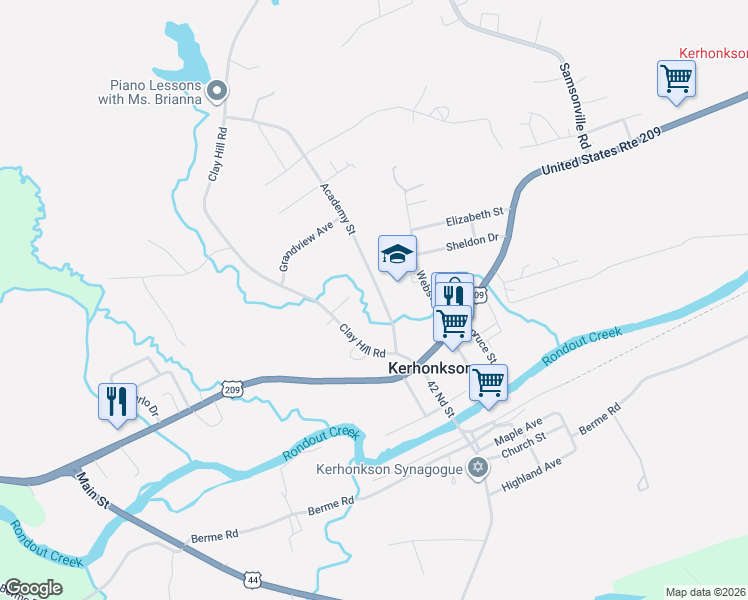 map of restaurants, bars, coffee shops, grocery stores, and more near 29 Academy Street in Kerhonkson