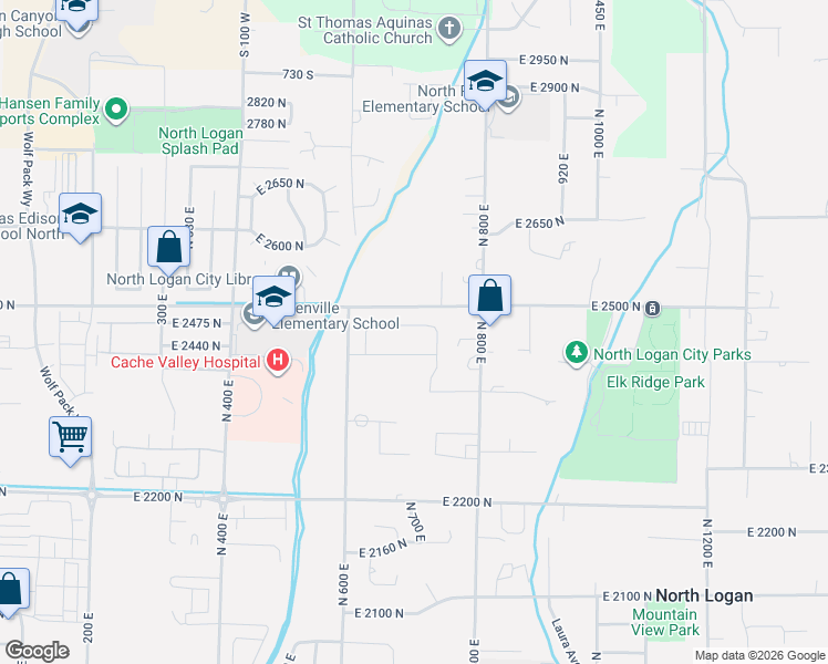 map of restaurants, bars, coffee shops, grocery stores, and more near 710 East 2475 North in North Logan