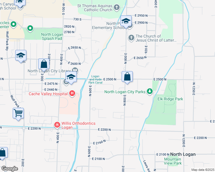 map of restaurants, bars, coffee shops, grocery stores, and more near 710 East 2475 North in North Logan