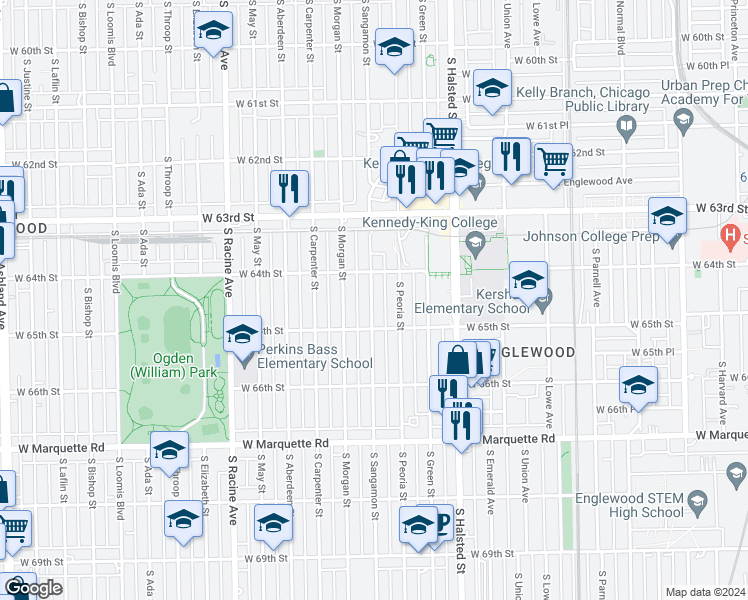 map of restaurants, bars, coffee shops, grocery stores, and more near 6447 South Sangamon Street in Chicago