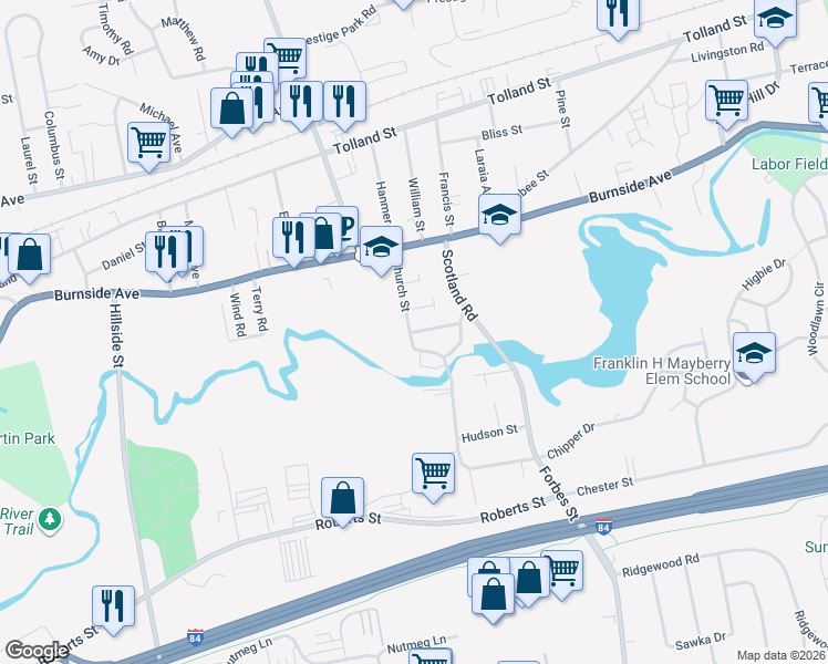 map of restaurants, bars, coffee shops, grocery stores, and more near 66 Church Street in East Hartford
