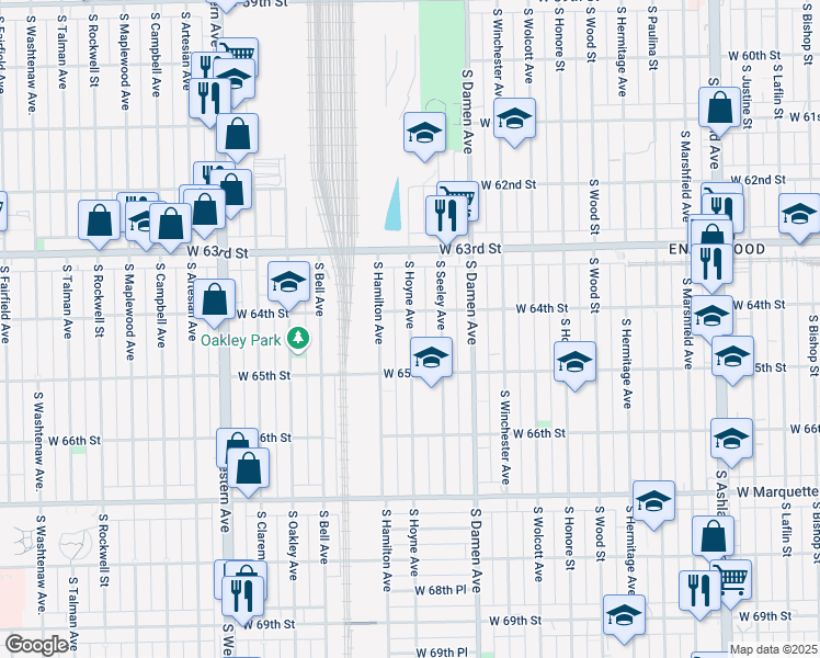 map of restaurants, bars, coffee shops, grocery stores, and more near 6414 South Hoyne Avenue in Chicago