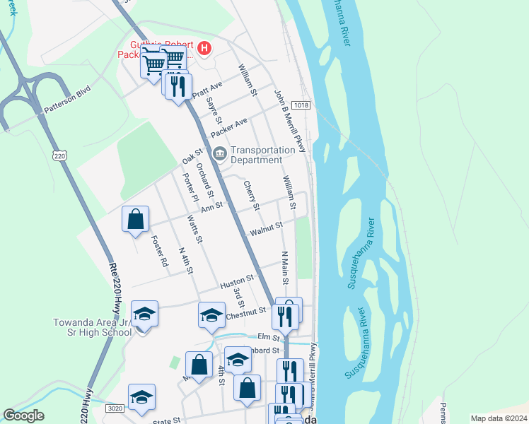 map of restaurants, bars, coffee shops, grocery stores, and more near 2-6 Cherry Street in Towanda