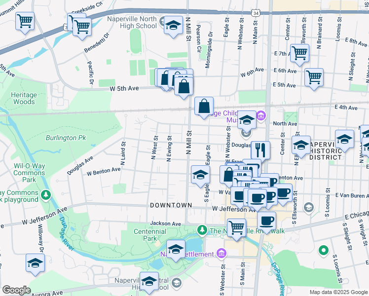 map of restaurants, bars, coffee shops, grocery stores, and more near 419 West Franklin Avenue in Naperville