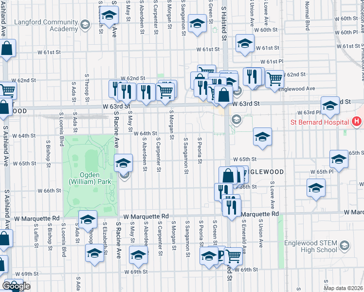 map of restaurants, bars, coffee shops, grocery stores, and more near 6447 South Sangamon Street in Chicago