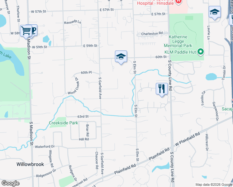 map of restaurants, bars, coffee shops, grocery stores, and more near 15W271 62nd Street in Burr Ridge