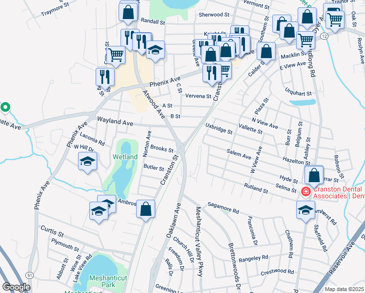 map of restaurants, bars, coffee shops, grocery stores, and more near 1928 Cranston Street in Cranston