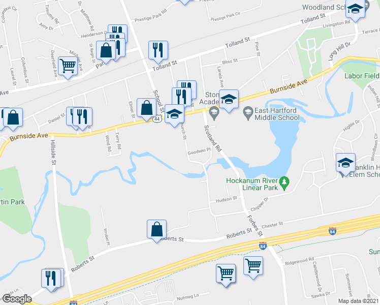map of restaurants, bars, coffee shops, grocery stores, and more near 87 Church Street in East Hartford
