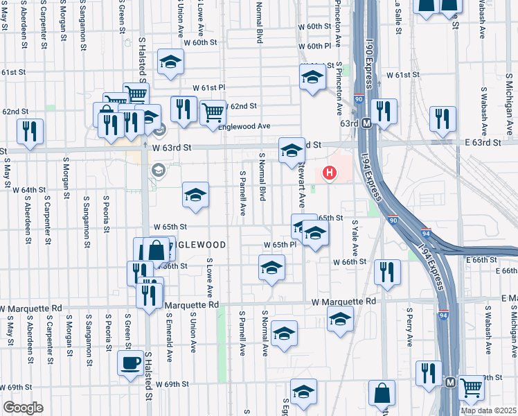 map of restaurants, bars, coffee shops, grocery stores, and more near 6454 South Normal Boulevard in Chicago