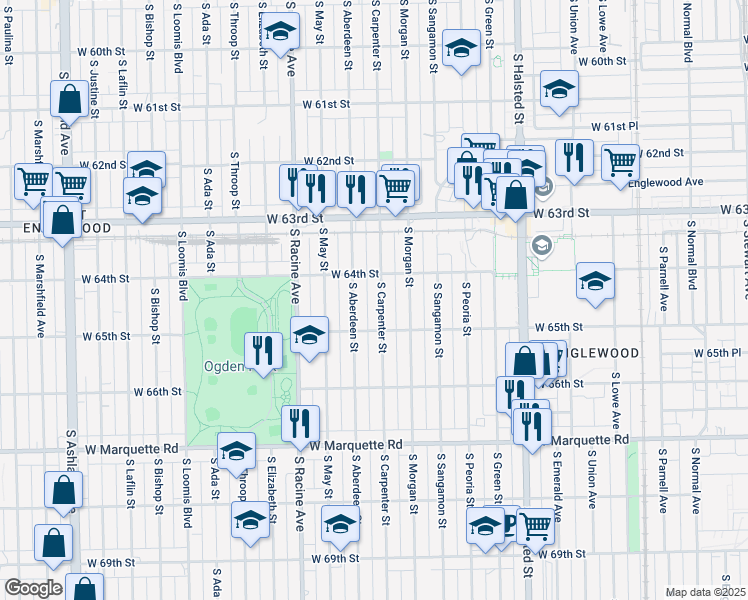 map of restaurants, bars, coffee shops, grocery stores, and more near 6444 South Carpenter Street in Chicago
